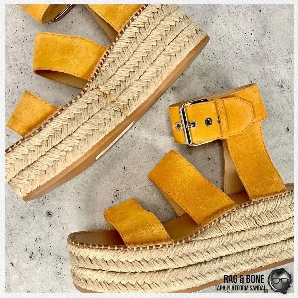 RAG & BONE TARA ESPADRILLE PLATFORM SANDAL MARIGOLD SUEDE WOMEN’S SIZE 7 YELLOW